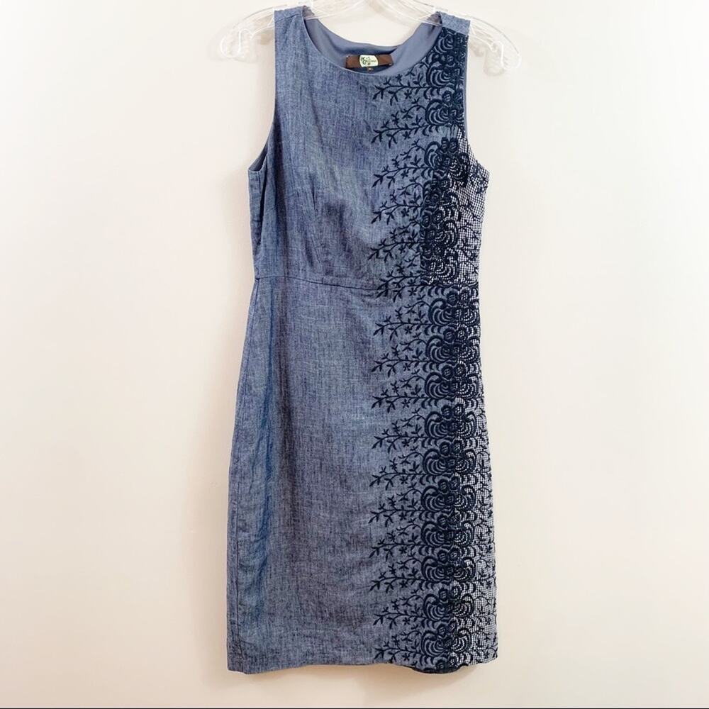 Anthropologie Eva Franco Chambray Floral Embroidery Gingham Sleeveless Dress